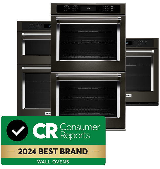 Consumer Reports logo in front of KitchenAid® wall ovens.